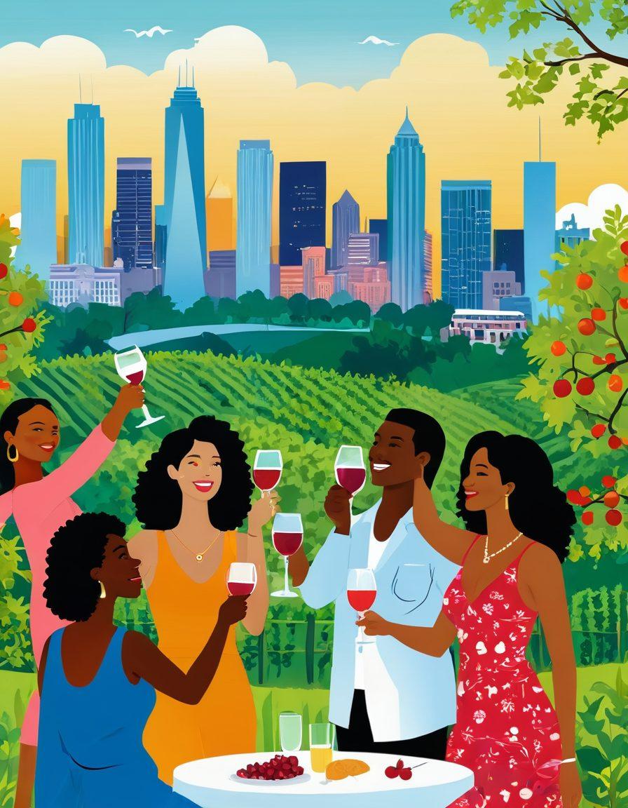 A whimsical illustration of a diverse group of friends clinking wine glasses against the backdrop of Atlanta's skyline, surrounded by vibrant vineyards and lush greenery. The scene includes elements of community events such as food trucks, live music, and cultural festivals. Add playful splashes of colorful wine pouring and cheerful expressions to evoke a sense of joy and togetherness. Bright and inviting colors, reminiscent of a summer day, enhance the festive atmosphere. vector art. vibrant colors.
