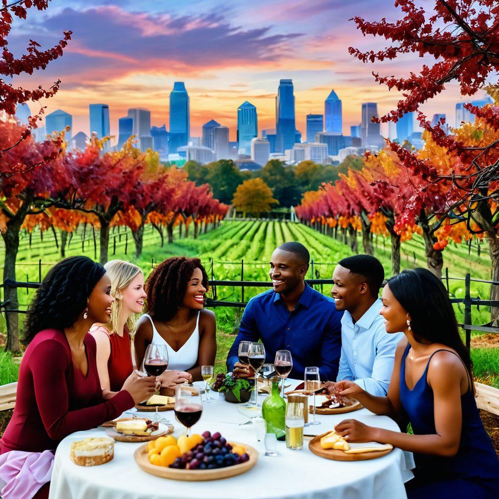 A cozy wine tasting scene featuring a diverse group of friends enjoying various red and white wines in a lush Atlanta vineyard, with city skyline in the background. Tables adorned with colorful wine glasses, cheese platters, and fresh fruits, while vibrant autumn leaves dance in the breeze. The atmosphere is lively with soft ambient lighting and laughter. super-realistic. vibrant colors. 3D.