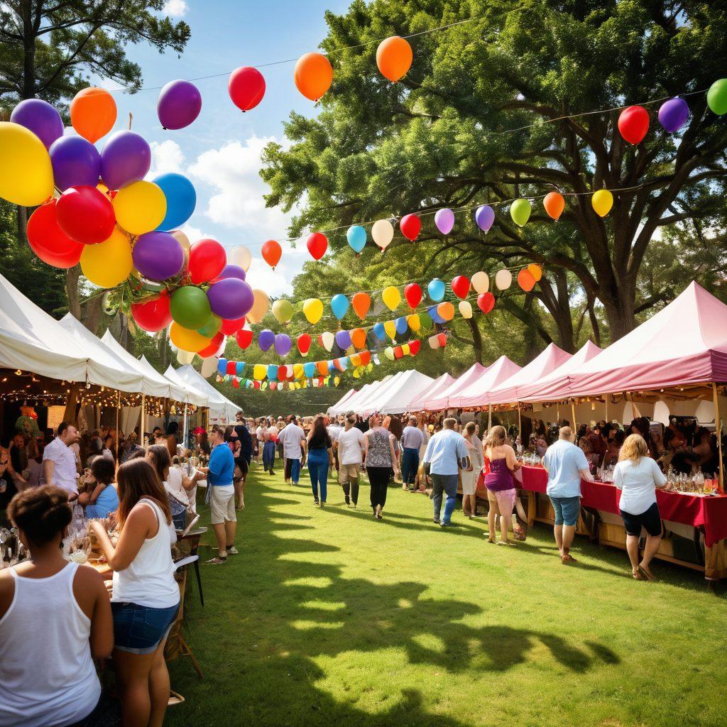 A vibrant, whimsical scene capturing the essence of Atlanta's wine culture, showcasing a diverse group of people enjoying wine tastings at an outdoor festival. Incorporate elements of fermentation with lush grapevines, barrels, and bubbly glasses, under a sunny Atlanta sky filled with colorful banners and balloons. The atmosphere should be joyful and celebratory, with hints of traditional Southern charm. super-realistic. vibrant colors. festive setting.